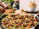 Cooking Class - Spanish Tapas and Traditional Paella in Northern Virginia: collage for Paella Spanish Comfort Classics cooking class on Cozymeal with plated paella, almond ice cream and chef cutting kale