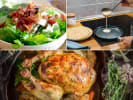 Cooking Class - Parisian Plates and Recipes in Westchester, NY: collage for Parisian Plates cooking class on Cozymeal featuring roast chicken, salad and chef cooking crepes