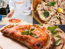 Cooking Class - Pizza With a Twist in Northern Suburbs: collage for Pizza Three Ways + SLT Pizza Kit cooking class on Cozymeal with calzone, carbonara pizza and chef adding tomato sauce to pizza dough