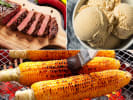 Cooking Class - Flame-Grilled Flavor in Northern Suburbs: Scenes from Savoring Grill Season cooking class – A collage showing grilled corn, peach and feta salad, and a chef slicing juicy steak on a cutting board.