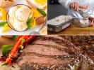 Cooking Class - Savor the Smoke: Steaks to Creamsicles in Downtown Dallas: Scenes from Savoring Grill Season cooking class – A collage showing grilled corn, peach and feta salad, and a chef slicing juicy steak on a cutting board.