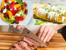 Cooking Class - Smoke, Sear and Summer Cheer in South Bay & Peninsula: Scenes from Savoring Grill Season cooking class – A collage showing grilled corn, peach and feta salad, and a chef slicing juicy steak on a cutting board.