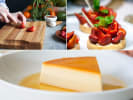 Cooking Class - Shortcake and More Summer Sweets in Manhattan: collage for Summer Sweets cooking class on Cozymeal featuring strawberry shortcakes, flan and chef cutting strawberries