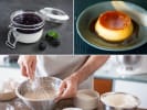 Cooking Class - Sweet Summer Flavors in Downtown Dallas: collage for Summer Sweets cooking class on Cozymeal featuring tres leches cake, panna cotta and chef whisking batter