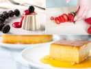 Cooking Class - Sunny Day Sweets in Northern Suburbs: collage for Summer Sweets cooking class on Cozymeal featuring tres leches cake, panna cotta and chef cutting strawberries