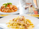 Cooking Class - Seasonal Summer Pasta in Northern Suburbs: Scenes from Summer of Pasta cooking class – A collage showing fresh pasta being shaped by hand, plated pasta dishes with sauce and herbs, and golden noodles ready to serve.