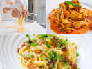 Cooking Class - Patio Pasta in Manhattan: Scenes from Summer of Pasta cooking class â€“ A collage showing fresh pasta being shaped by hand, plated pasta dishes with sauce and herbs, and golden noodles ready to serve.