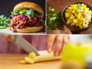 Cooking Class - Big Island Bites in Northern Suburbs: collage for Taste of Hawaii cooking class on Cozymeal featuring pork sliders, pineapple salsa and chef cutting banana