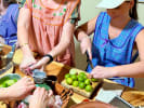 Cooking Class - Mexican Ceviche Feast: Two women in aprons prepare fresh limes at a wooden table, one juicing while the other cuts, during a hands on cooking activity.