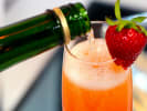 Online Mixology Class - Romantic Cocktail Rendezvous: champagne pouring into strawberry bellini