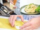 Cooking Class - Authentic Pasta-Making Techniques in NYC: chef making fettucine with a pasta maker fettucine alfredo on a plate chef making ravioli