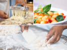 Cooking Class - Italian Pasta and Sauces in Manhattan: chef making spaghetti with pasta machine gnocchi with tomato sauce and basil leaves chef making gnocchi from scratch