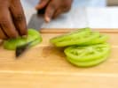 Online Cooking Class - Southern Brunch and Bellinis: chef slicing green tomatoes