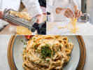 Cooking Class - Cajun Fettuccine Pasta in Columbus, OH: A collage of fresh fettuccine being prepared from scratch and served with a creamy sauce, herbs and grated cheese.