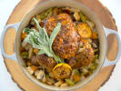 Cooking Class - Elevated Seasonal Fare in NYC: honey glazed baked whole chicken with dressing and sage