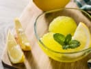 Cooking Class - Classic Naples Pizza From Scratch in South Bay & Peninsula: limoncello sorbet with lemon on the side and mint garnish