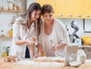 Online Cooking Class - Holiday Snickerdoodles and Eggnog: mother and daughter taking an online baking class