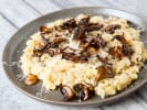 Online Team Building Cooking Class - Wild Mushroom Risotto: mushroom risotto on a gray plate