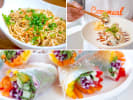 Cooking Class - Signature Asian Favorites in Miami: pan fried garlic noodles chef presenting salmon avocado roll vegetable spring rolls with dipping sauce