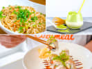 Cooking Class - A Celebration of Asian Cuisine in Boston: pan fried garlic noodles matcha ice cream float chef presenting salmon avocado roll