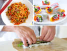 Cooking Class - Signature Asian Creations in Brooklyn: pan fried garlic noodles vegetable spring rolls chef rolling sushi