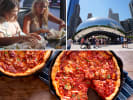 Food Tour - Discover Historic Chicago in Downtown Chicago: people enjoying food on a food tour cloud gate in Chicago deep dish pizza