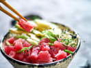 Cooking Class - Fresh Californian Fare: person eating ahi poke