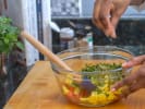 Online Cooking Class - Fish Tacos and Bananas FlambÃ©: person making pineapple salsa