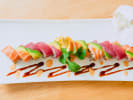 Team Building Cooking Class - Show-Stopping Sushi Creations in DC: rainbow roll with soy sauce