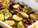 Cooking Class - Elevated Fall Steak Dinner - Date Night in Naperville: roasted brussels sprouts in a baking tray with cranberries