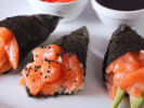 Team Building Cooking Class - Rockin' Sushi Rolls in Boston Proper: salmon and avocado temaki side view