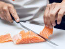 Online Cooking Class - Red Curry Salmon and Thai Tea: slicing fresh salmon filet