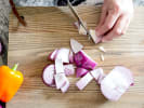 Online Cooking Class - Father's Day Beer Floats and Hot Dogs: slicing red onions