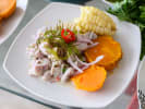 Online Cooking Class - Crudo Four Ways: Ceviche, Tiradito and More: white fish ceviche with sweet potatoes on the side