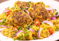 Pan Seared Chicken Thighs with Rice Shot