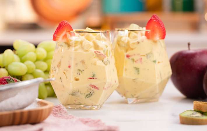 creamy fruit salad is a light and easy gluten free dessert