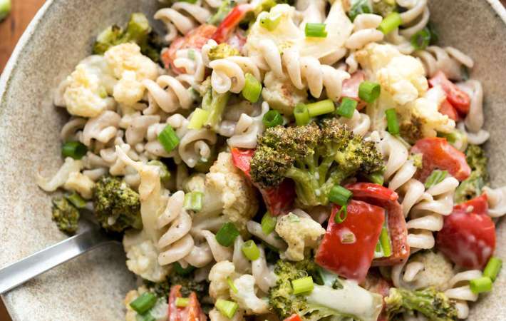 roasted broccoli pasta is a unique vegan pasta salad recipe