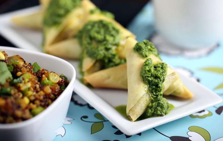 curried quinoa triangles with cilantro-ginger sauce is a bold and flavorful healthy vegetarian appetizer