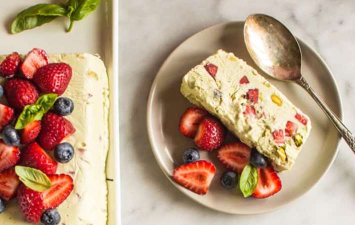 avocado semifreddo with strawberries and basil is a decadent semi-frozen treat