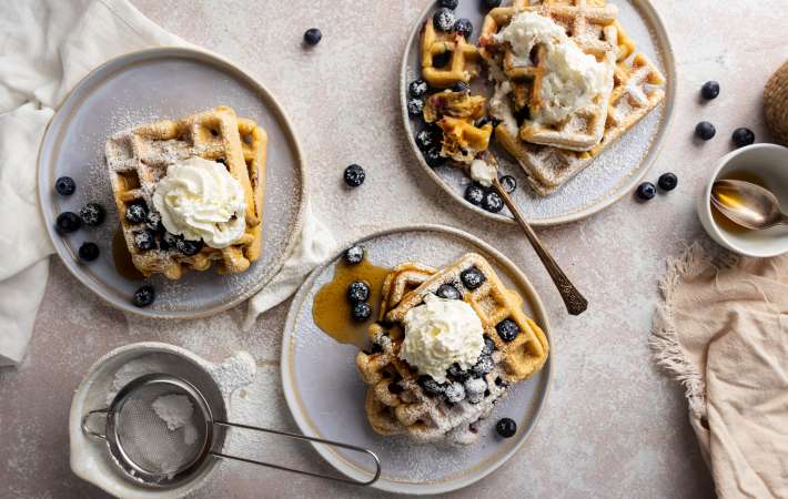 this blueberry waffle is a crisp and fluffy christmas breakfast idea