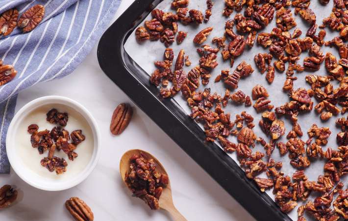 honey roasted pecans are a sweet and buttery gluten free party snack