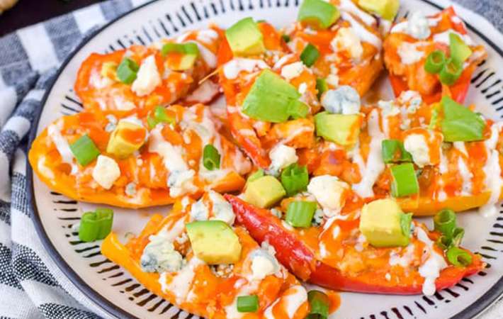 buffalo chicken pepper nachos are a flavorful healthy game day appetizer