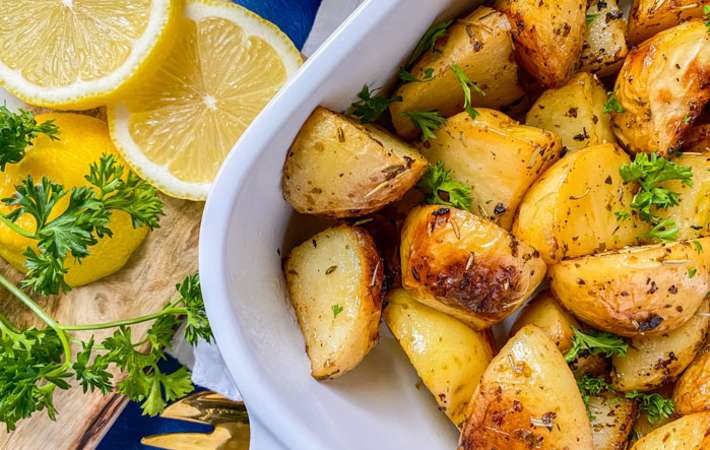 roasted lemon greek potatoes are flavorful and zesty