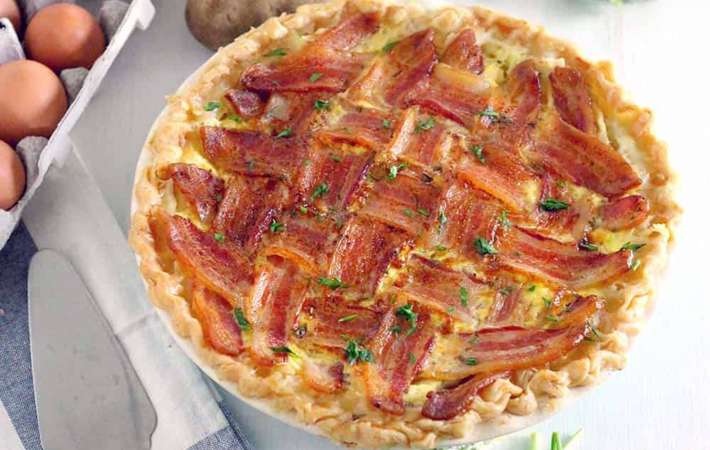 this make ahead breakfast with lattice bacon crust is a savory make ahead christmas breakfast idea