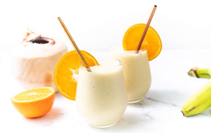 mango banana smoothie is a refreshing gluten free snack for kids