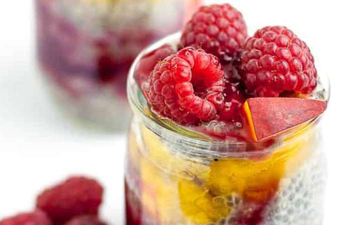 mini raspberry peach chia seed pudding is fruity and delicious