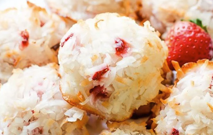 strawberry coconut macaroons are chewy on the inside and crisp on the outside