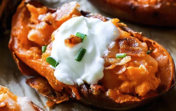 loaded sweet potato skins are a delicious twist on the classic super bowl appetizer