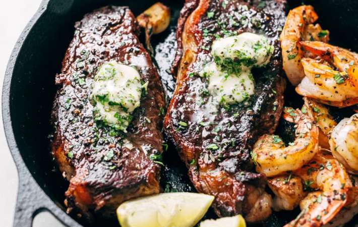 garlic butter skillet steak and shrimp is an easy surf and turf option