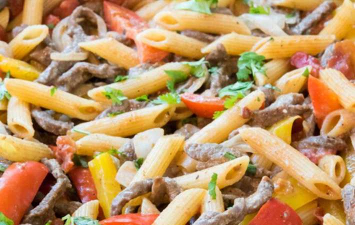 steak fajita pasta is a creamy, savory quick meal